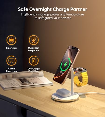 Sleek Yellow Wood Grain 3-in-1 Wireless Charging Station for Apple Devices – Fast 15 W Mag-Safe Charger with QC 3.0 Adapter for i Phone 16/15/14/13/12, Apple Watch Ultra/S9/8, and Air Pods – Elevate Your Workspace with Ultimate Compatibility and Modern Aesthetics, Perfect for Streamlined Charging Solutions