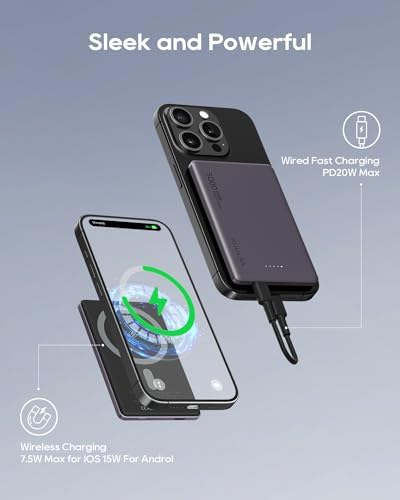 Ultra-Slim Kuulaa Mag Safe Battery Pack – 5,000 m Ah Power Bank for i Phone 15/14/13/12 Series – Magnetic Wireless Charger with PD 20 W Two-Way USB-C Fast Charging – Lightweight Grey Portable Power Solution for On-the-Go Charging