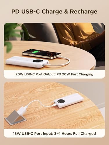 Aioneus 10000 m Ah Portable Charger with Dual Built-in Cables – High-Speed 22.5 W USB-C Power Bank for i Phone 16/15 and Samsung Galaxy S24/S10 e – All-in-One Travel Battery Pack with Intelligent LED Display and Automatic Power Off for Enhanced Device Safety and Compatibility