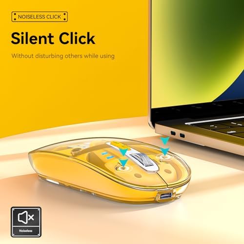 Experience Unmatched Versatility with the Uiosmuph Tri-Mode Bluetooth Mouse – Wireless, USB-C Rechargeable, and Quiet Click Design for Seamless Multi-Device Connectivity – Stylish Transparent Cover and Battery Level Indicator – Perfect for Laptops, Macs, and i Pads – Sleek Yellow Finish for Enhanced Productivity