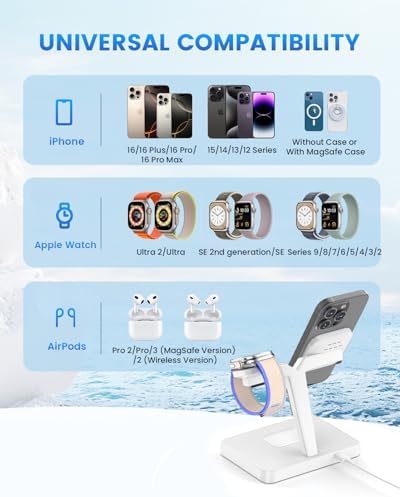 Joy Geek 3-in-1 Foldable Wireless Charging Station for Mag-Safe i Phone – Ultimate Travel Dock for i Phone 12-16 Pro Max, Apple Watch Series 4-10, and Air Pods Pro 2/3/4 – Fast, Compact, and Convenient Power Solution for On-the-Go Charging