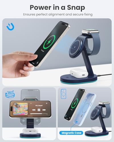 Ultimate 3-in-1 Wireless Charging Station for i Phone, Apple Watch, and Air Pods – Qi2 Certified 15 W Magnetic Charger with 30 W USB-C Adapter & Integrated Night Light – Streamlined Design for i Phone 16/15/14/13/12 – Superior Speed and Enhanced Compatibility for Modern Tech Users
