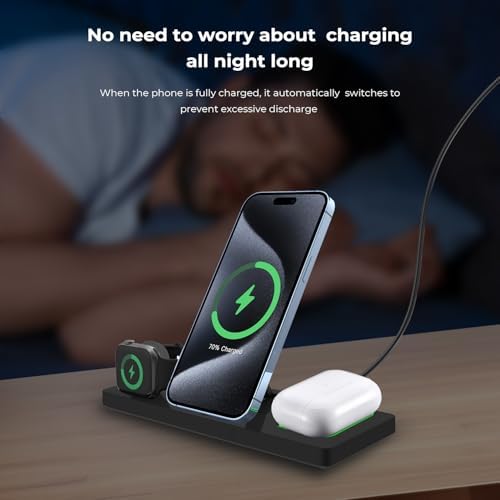 3-in-1 Wireless Charging Station for i Phone, Apple Watch & Air Pods – Fast Charge Capability for i Phone 15/14/13/12 Pro/Max/Mini/Plus, Compatible with Apple Watch 8/7/6/SE/5/4/3/2 & Air Pods 3/2/Pro – Sleek Black Design with Adapter for Effortless Device Management