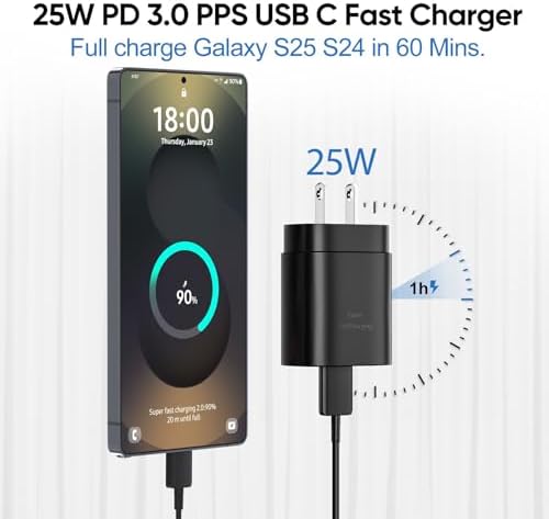 25 W Ultra-Fast USB-C Charger Block with 6.6 FT Type-C Cable for Samsung Galaxy S25/S24/S23/S22/S21/S20 & Note Series – High-Speed Charging Solution for Android Devices with Safety Features and Compact Design