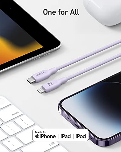 Anker 6 FT USB C to Lightning Cable – MFi Certified, Eco-Friendly Bio-Based Charging Cord for i Phone 14 and More – Stylish Purple Design for Enhanced Durability and Fast Data Transfer – Perfect for Home and Office Use