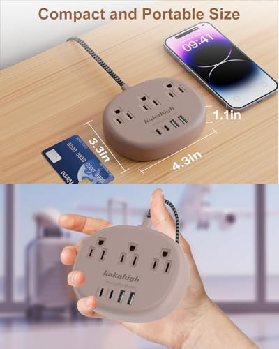 Stylish Brown Extension Cord with 1080 J Surge Protection – 5 FT Flat Braided Design Featuring 3 AC Outlets & 4 USB Ports (24 W/4.8 A) for Fast Charging – Ideal Tan Desk Accessory for Powering Devices Safely & Efficiently