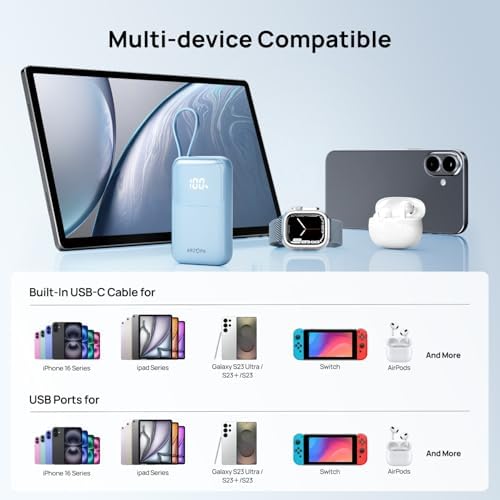 Ultra-Fast ARZOPA 10000 m Ah Portable Power Bank with Integrated USB-C Cable – 22.5 W Rapid Charging for Smartphones, Tablets, and More – Sleek Compact Design for Effortless Portability and Multi-Device Charging Convenience – Perfect for Travel and Daily Use