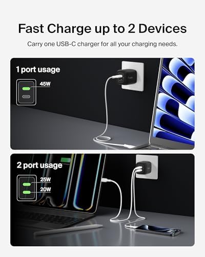 Belkin 45 W Dual USB-C Fast Charger Block with Ga N Technology – Rapid PD3.0 Charging for i Phone 16, Samsung Galaxy S25, i Pad, Mac Book & Nintendo Switch 2 – Compact Design for Travel & Enhanced Device Compatibility – Sleek White Finish for Modern Aesthetics