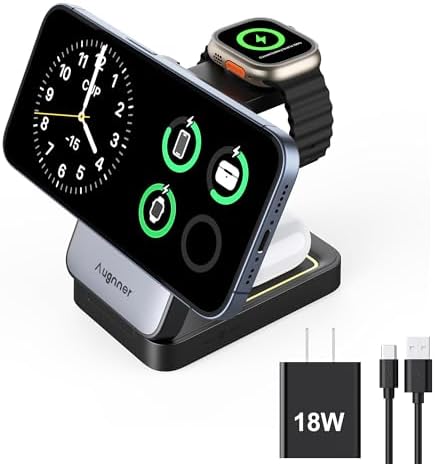 Ultimate 3-in-1 Wireless Charging Station for Apple Devices – Fast 15 W Mag Safe Compatible Charger Stand for i Phone 12/13/14/15/16 Series, Apple Watch & Air Pods – Portable Foldable Design for Efficient Charging at Home or On-the-Go