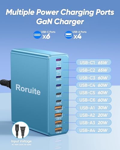 460 W Advanced USB C Charging Hub – 10-Port Fast Charging Station with Ga N III Technology for Mac Book Pro/Air, i Phone, i Pad, Dell, Samsung Galaxy – Dual 65 W Power Adapter for Ultimate Device Versatility – Sleek White Design for Home & Office Efficiency
