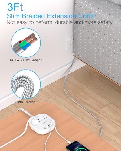 10 Ft Flat Plug Power Strip with 3 AC Outlets & 4 USB Ports, Ideal Desktop Charging Station for Cruise Ships & Dorms – Compact Design & Fast Charging for Multi-Device Use