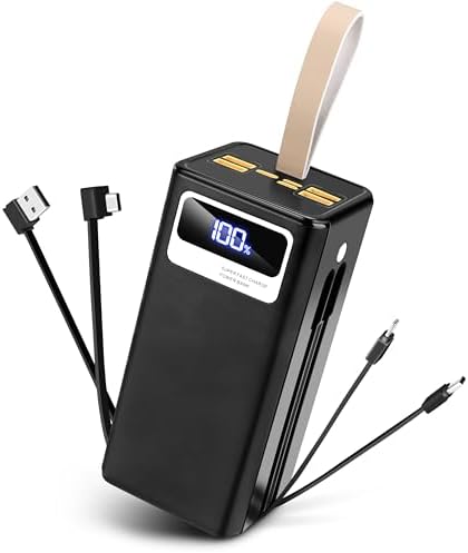 High-Capacity 50000 m Ah Power Bank with 22.5 W Fast Charging, Built-in Cables, LED Display, and Emergency Flashlight – Ideal Portable Charger for Camping and Outdoor Adventures, Universal Compatibility for Smartphones and Tablets