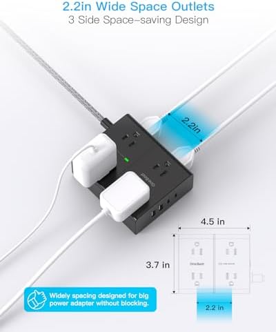 Versatile Surge Protector Power Strip with 8 AC Outlets & 4 USB Ports (2 USB-C), 6 Ft Flat Plug Extension Cord, 1080 Joules Safety Rating, Wall Mountable Charging Station for Home, Office, and Dorm – Streamlined Device Management & Fast Charging Enhanced