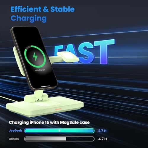 Joy Geek 3-in-1 Foldable Wireless Charging Station for Mag-Safe i Phone – Ultimate Travel Dock for i Phone 12-16 Pro Max, Apple Watch Series 4-10, and Air Pods Pro 2/3/4 – Fast, Compact, and Convenient Power Solution for On-the-Go Charging