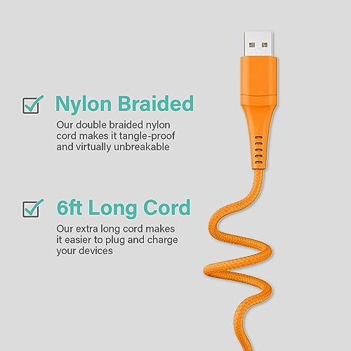 Versatile 3-in-1 Universal Charging Cable – 6 ft Nylon Braided Charger for i Phone, Android & More | Lightning, Type C & Micro USB Compatibility | Fast Charging Solution in Vibrant Tangerine for Ultimate Convenience and Style