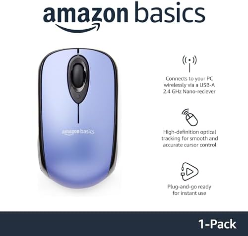 Wireless Silver Optical Mouse by Amazon Basics – 2.4 GHz Connection with USB Nano Receiver for Effortless Navigation and Ergonomic Comfort in Home & Office Use