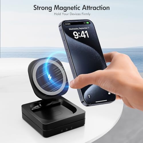3-in-1 Magnetic Wireless Charger Station for i Phone 16, 15, 14, 13, 12 Pro Max, Apple Watch Series & Air Pods – Fast 15 W Charging Pad with Foldable Design for Ultimate Portability – Enhanced Magnetic Stability and Universal Compatibility (Black)