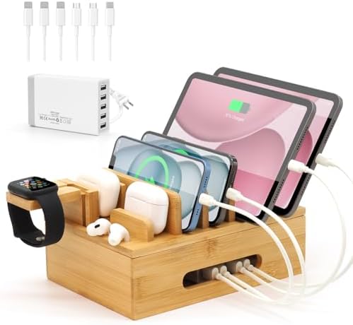 Eco-Friendly Bamboo Charging Station: Multi-Device Desk Docking Hub with 5-Port USB Charger & 6 Cables for Phones, Tablets, Smartwatches, and Earbuds – Ultimate Solution for Clutter-Free Charging and Enhanced Compatibility