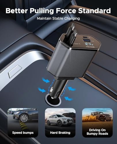 Versatile Retractable Car Charger – 4 in 1 Fast Charging Solution with Dual Type C Cables and 2 USB Ports for i Phone 15/14/13/12/11 Pro Max, Galaxy, Google Pixel – Tangle-Free Convenience & Enhanced Speed for Modern Drivers