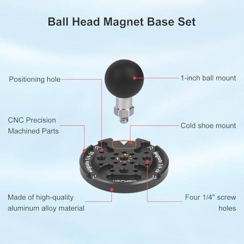 Magnetic Phone Mount Base with1 Ball Head,Aluminum Alloy &1/4” Screw Holes Cell Phone Holder Car Mount Compatible with Double Socket Arm,Fit for iPhone 15 14 13 12 or 0ther Smartphone,JC007 – Enhanced Compatibility and Speed