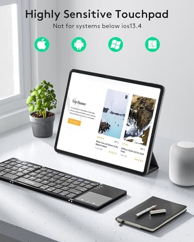 Samsers Portable Bluetooth Keyboard with Touchpad – Ultra-Slim Foldable Wireless Keyboard for Effortless Typing on Android, Windows, and i OS Devices – Rechargeable, Travel-Friendly Design with Device Holder – Black