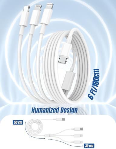 Versatile 3-in-1 i Phone Charger Cable – 6 FT USB C to Lightning with Triple Port Compatibility for i Phone 16/15/14/13/12/11 Pro Max/XS/XR/8 & i Pad Pro/Mini – Fast Charging Solution (2-Pack, Black) for Effortless Multi-Device Power Management