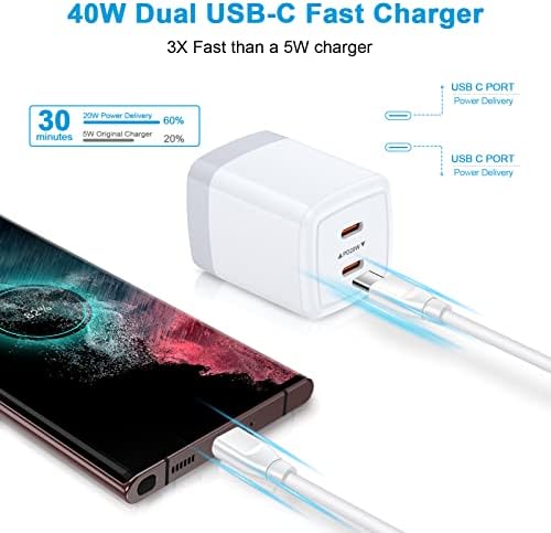 40 W Dual Port USB C Charger Box for Google Pixel & Samsung Galaxy Devices – Fast Charging Power Adapter with 6 FT Type C Cable for Seamless Connectivity and Enhanced Compatibility – Ideal for Home and Travel Use