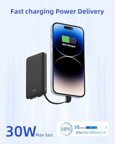 Ultra-Slim 6000 m Ah Portable Charger with Built-In Cable – Fast Charging Power Bank for i Phone 14/14 Pro Max/13/12 Pro/11/XR/X/8 – Lightweight Travel Companion for Ultimate Device Power on the Go