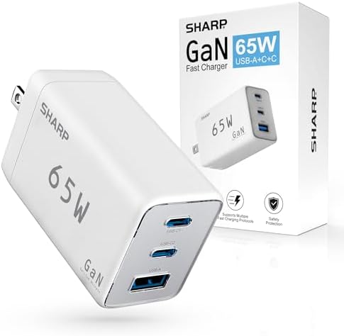 Revolutionize Your Charging Routine with the Sharp 65 W USB-C Multi-Port Wall Charger – Cutting-Edge Ga N Technology Powers Mac Book Pro, i Pad Pro, Galaxy S23, Dell XPS 13, i Phone 15 & More – Three-Port Design for Simultaneous Fast Charging – Compact, Foldable, and Travel-Friendly Solution for Tech Enthusiasts – Ultimate Compatibility for All Your Devices