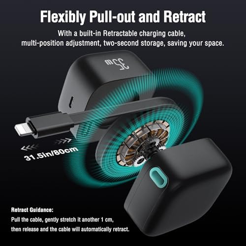 Revolutionary 35 W PD Retractable Charger for i Phone – Versatile Dual Type C Power Adapter with 31.5-Inch Cable | Fast Charging Solution for i Phone 14/13 Pro Max, i Pad, & Air Pods | Compact, Tangle-Free Design for Effortless On-the-Go Power Management