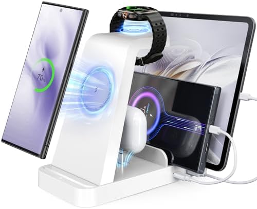 Ultimate 5-in-1 Wireless Charging Station for Samsung Devices – Fast Multi-Device Charger for Galaxy S25, S24, S23, S22, S20, Note Series, Z Fold 6, Galaxy Watch 7, 6, 5 & Buds – Sleek White Design for Home & Office with Enhanced Safety Features and Portability