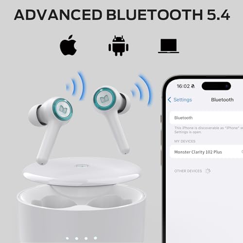 Monster Clarity 102 Plus Premium Wireless Earbuds – Ultra-High Fidelity Bluetooth Headphones with Advanced Four ENC Microphone Technology for Crystal Clear Conversations, 30 Hours of Playtime, Fast Type-C Charging, and IPX6 Waterproof Rating for Ultimate Durability and Comfort in Active Lifestyles