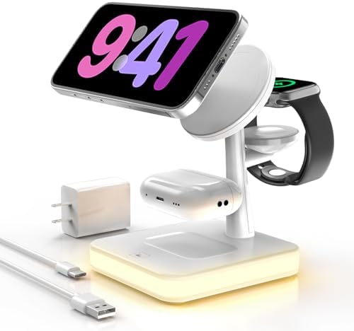 All-in-One Magnetic Wireless Charging Station for Apple Devices – 4-in-1 Fast Charger with Integrated Light for i Phone 16/15/14/13/12, Apple Watch Series 10/9/8/7/Ultra 2/SE 2, and Air Pods 4/3/Pro/2 – Sleek, Modern Design for Effortless Charging and Clutter-Free Organization