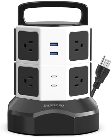 JACKYLED Power Strip Tower Surge Protector with 12 Outlets and 6 USB Ports (2 USB-C) – High-Speed Charging Station with 1050 Joules Protection, 1625 Watts, 6.5 ft Extension Cord for Enhanced Home Office Efficiency and Device Safety