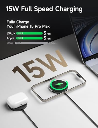 JSAUX 15 W Mag-Safe Wireless Charger Duo – Fast Charging Magnetic Pad for i Phone 16/16 Plus/16 Pro/16 Pro Max/i Phone 15/14/13/12 Mini and Air Pods – Dual Pack for Ultimate Compatibility and Portability, Sleek Black Design for Effortless Power-Up