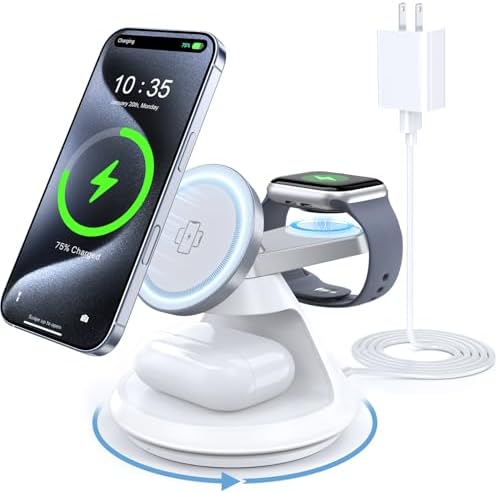 Ultimate 3-in-1 Mag Safe Charging Station: 15 W Fast Wireless Charger with 360° Rotating Dock for i Phone 16/15/14/13/12, i Watch, and Air Pods – Enhanced Magnetic Alignment, Anti-Slip Design, and Dual Orientation Stand for Seamless Charging Experience