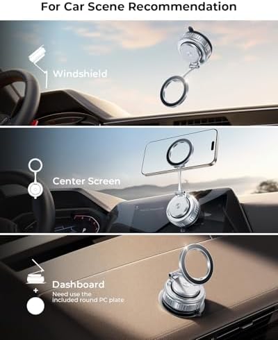2025 Upgraded Vacuum Magnetic Car Phone Holder [89+LBS Suction/2800gf Magnet], Suction Cup Phone Mount, Ultra-Strong Magnetic Stand for Car/Mirror/Gym/Kitchen/iPhone16 15 14 13 12, Silver – Enhanced Compatibility and Speed