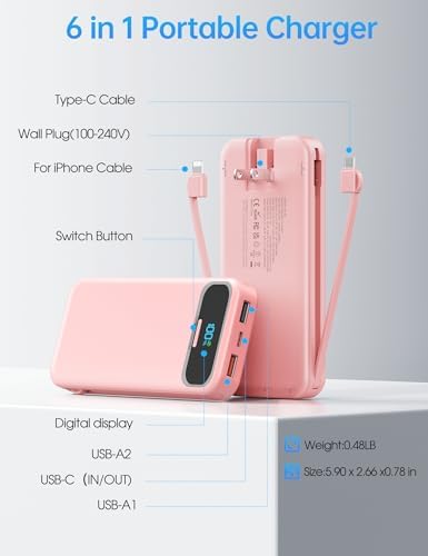 Ultra-Compact 12000 m Ah Power Bank with Built-in Charging Cables & AC Plug – 20 W PD Fast Charging for i Phone, Samsung, Android, USB-C Devices – Travel-Friendly External Battery Pack in Purple – Unmatched Portability and Efficiency for On-the-Go Charging Solutions
