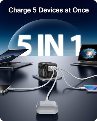 LENCENT 85 W Universal Travel Adapter with Retractable USB-C Cable – High-Speed International Plug Converter Featuring 3 Type-C & 1 USB-A Ports for Effortless Worldwide Charging – Your Ultimate Travel Essential for Maximum Compatibility, Fast Charging, and Ga N Technology Efficiency