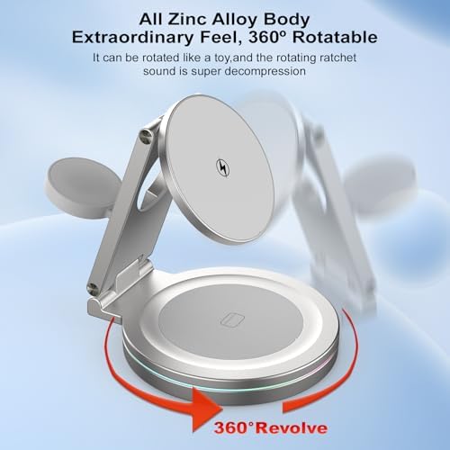 Revolutionary 3-in-1 Foldable Magnetic Wireless Charging Station for i Phone, Apple Watch & Air Pods – 15 W Fast Charge, 360º Rotatable Zinc Alloy Design – Portable Power Hub with Adapter for Seamless Compatibility and Superior Durability in Gray
