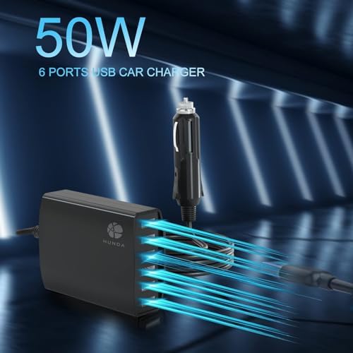 Ultimate 50 W 6-Port USB Car Charger – Fast Charging Adapter for i Phone 13/12/11, Galaxy, and More – Compact Cigarette Lighter Multi-Device Power Hub for Family Adventures and Road Trip Efficiency