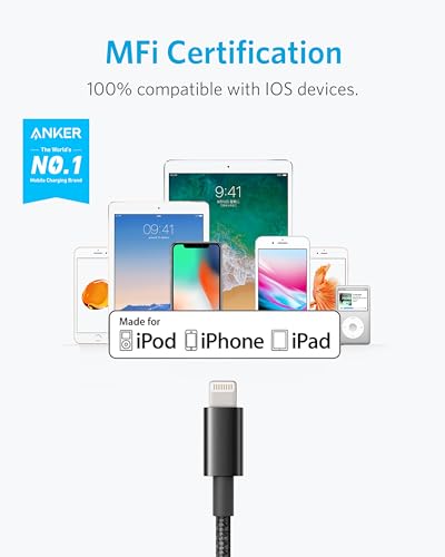 Anker 6 ft Durable Double-Braided Nylon Lightning Cable – Apple MFi Certified for Fast Charging and Data Transfer with i Phone and i Pad Compatibility – Premium Quality Accessory for Reliable Performance (Black)