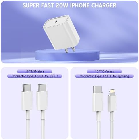 10-Foot Ultra-Fast i Phone Charging Cable 3-Pack with USB-C PD Wall Charger – Exceptional Compatibility for i Phone 14/13/12/11 Pro Max/XS Series – Durable Lightning Cable Solution for On-the-Go Charging Convenience and Rapid Power Delivery