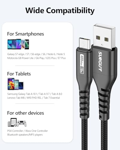 Ultra-Durable 10 FT Micro USB Cable 3-Pack – Fast 18 W Charging & Data Sync for Samsung Galaxy, Android Devices & PS4 – Premium Nylon Braided for Enhanced Flexibility & Strength – Perfect for Home & Office Use