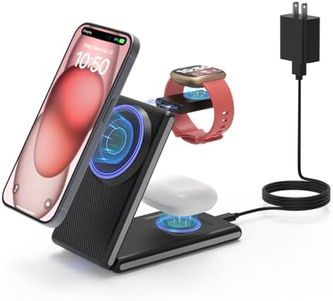 GEEKERA 3-in-1 Foldable Magnetic Wireless Charging Station – Ultimate Charging Hub for Fitbit Watches, i Phone 16/15/14/13/12 Pro Max & Air Pods – Portable Design with Rapid Charging & Magnetic Alignment for Effortless Device Management