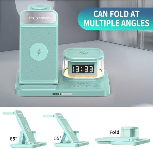 Elevate Your Charging Game: 5-in-1 Foldable Wireless Fast Charger with Integrated Night Light & Transparent Clock for Apple Devices – Ideal for i Phone 16/15/14/13/12/11 Pro Max, Apple Watch, and Air Pods – Sleek Green Design for Ultimate Portability and Style