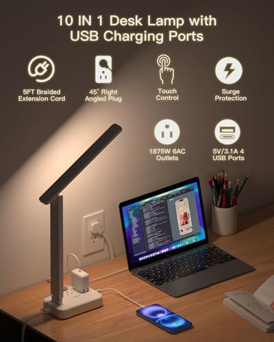 Transform Your Workspace with the One Beat Multifunctional Desk Lamp: 6 AC Outlets & 4 USB Ports (Including 2 USB-C) for Effortless Charging, 4 Color Modes & 5 Brightness Levels for Eye-Caring Illumination – Perfect for Home Office, College Dorm, and Essential Room Decor (White)