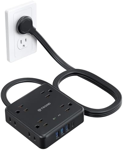 TROND 360° Rotating Plug Power Strip with 5 FT Flat Cord – 4 AC Outlets & 4 USB Ports (2 USB-C) – Wall Mount Surge Protector with 1440 Joules Safety Rating – Ultimate Travel & Home Charging Solution for Electronics and Devices