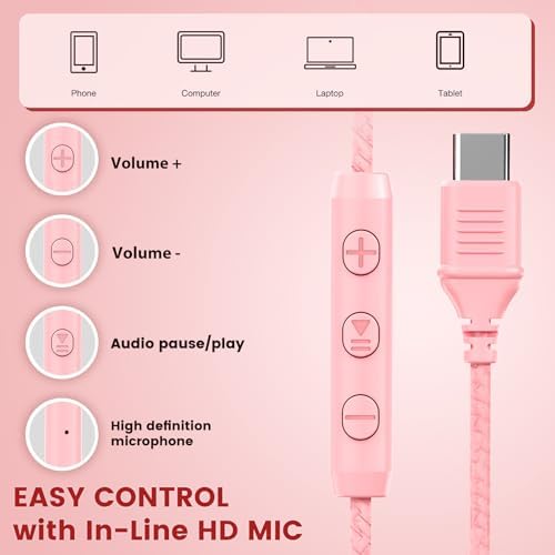 Transform Your Audio Journey with Cowyawn’s Premium USB Type-C Over-Ear Headphones – Stunning Rose Finish, Superior HD Stereo Sound, and Integrated Microphone for Effortless Communication – Ideal for Chromebook, Laptop, and i Phone Users Seeking Optimal Comfort with Portable, Foldable Design