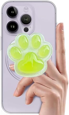 Cute Luminous Pink Cat Paw Magnetic Phone Grip Compatible with MagSafe,Kawaii 3D Shinny Phone Holder Stand for Kindle & iPhone – Adatper Iron Piece Included – Enhanced Compatibility and Speed